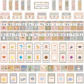 Kosiz 85 Pcs Boho Alphabet Number Bulletin Board Set Boho Alphabet Line for Classroom Wall Boho Classroom Decor Early Childhood Education Cards for Classroom Decoration(Novel Boho Style)