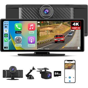 10.26" Carplay Screen Portable for Car, Wireless Carplay & Android Auto Car Stereo, Touchscreen GPS Navigation 4K Dash Cam/1080P Backup Camera/Mirror Link/Bluetooth/Voice Control
