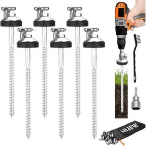 6 Pcs 6.2" Drillable Threaded Long Hook Top Packs Tent Stakes, Heavy Duty Hardened Steel Ground Pegs for Grassland Garden Tents Canopies Awnings Camping Travel (Hex Tool and Storage Bag)