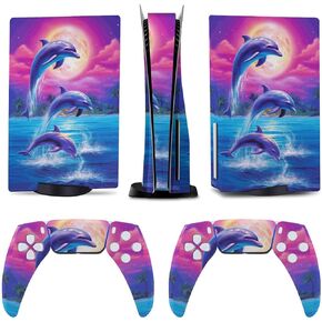 Dolphin Jumping Moonlight Night for Model 5 Skin Accessories Cover Skins Anime Vinyl Cover Sticker Full Set for Model5 Disc Edition