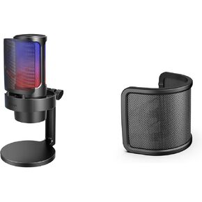 FIFINE Computer Microphone with RGB Control, Mute Touch, Headphone Jack, Pop Filter, Stand for Gaming Streaming (A8+U1)