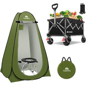 Portable Adult Camping Toilet Kit with Tent & Wagon Cart, 1 Person, 400 lbs Capacity, 4 Season, Green, Water Repellent, 13 lbs, 47.2" L x 47.2" W x 74.8" H, Camping & Hiking