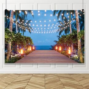 Leowefowa Summer Party Background 10x8ft Suspension Bridge Backdrops for Photoshoot Sunset Pattern Photography Backdrop Coconut Trees by The Sea Photo Props Beach Lights Backdrops for Parties Vinyl