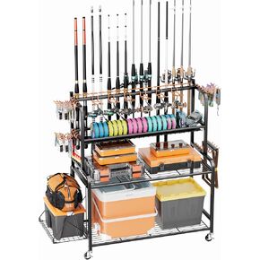 Fishing Rod Holder with 15-Pole Rack 3-Tier Fishing Cart for Fishing Accessories and Gear Storage, Perfect Fishing Pole Holders for Garage, Home or Shed, Ideal Fishing Gift for Men and savior