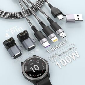 100W Multi Charging Cable for Garmin Watches, 2Pack USB C/Lightning Charger Adapter and 5 in 1 Charging Cable for Garmin Fenix/Forerunner/Instinct Series and More, Universal Charger Adapter(6ft/1.8M)