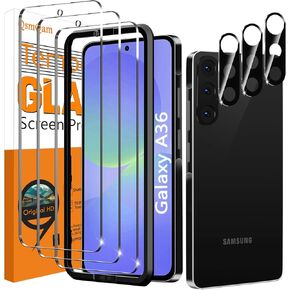 QsmQam 3 Pack Screen Protector for Samsung Galaxy A36 5G + 3 Pack Camera Lens Protector, Ultra HD Tempered Glass, 9H Hardness, Anti Scratch, Easy Installation - Case Friendly