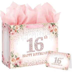 Sweet 16th Happy Birthday Gift Bag with Tissue Paper and Card for Girls Kids Birthday Party (Rose Gold)