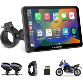 Carpuride W712D Motorcycle Carplay Screen with HD 1080P Dual Dash Cam, Wireless Car Play and Android Auto, 7" Waterproof Rotatable Navigation Touchscreen, Loop Recording, Bluetooth, Wired Controller
