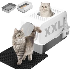 Stainless Steel Cat Litter Box, Extra Large Enclosed Top Entry Litter Box for Big Cats, Metal Litter Box, Easy to Clean, Anti-Urine Leakage, High Sided Kitty Litter Box with Scoop and Mats