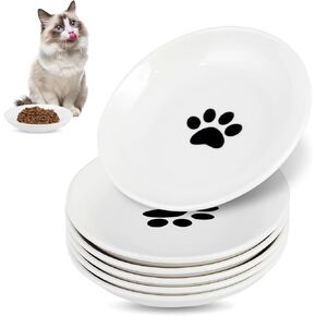 6 Pack Cat Food Bowl, Ceramic Cat Bowls, Anti Whisker Fatigue Cat Dishes Set,Shallow Wide Kitten Plates for Food and Water, 5.5 Inches Kitten Bowls Cute Cat Feeding Bowls Set (Cat's Paw+Fishbone)