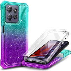 Designed for Motorola Moto G Power 2025 Phone Case with [Tempered Glass Screen Protector], 12FT Military Grade Drop Tested, Full-Body Protective Shockproof Case (Glitter Aqua/Purple)