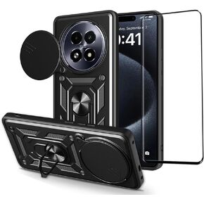 Case for Huawei Honor Magic 7 Pro with Tempered Glass Screen Protector,Sliding Camera Window, Kickstand, Shock-Proof Anti-Scratch Dual-Layer Phone Cover, Black