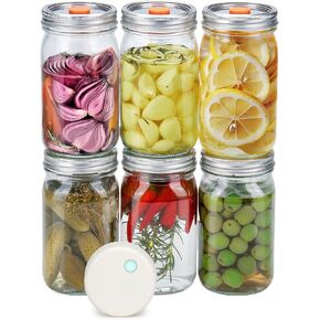 Auto-Stop Electric Mason Jar Vacuum Sealer Kit – 6 Wide-Mouth 16oz Glass Jars with Next-Gen Rust-Proof Reusable Stainless Steel Lids – No Opener Needed.