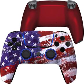 eXtremeRate Luna Redesigned Impression US Flag Front Shell Touchpad Compatible with ps5 Controller BDM-010 020 030 040 050, Scarlet Red Replacement Bottom Shell Back Compatible with ps5 Controller