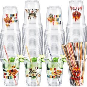 Tanlade 100 Pcs 16 oz Fiesta Cups, Mexican Cups Disposable Plastic Cups with Straw Mexican Theme Cups Cinco De Mayo Vamos De Fiesta Taco Mexico Party Drinkware Supplies