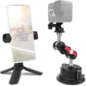 Versatile Camera Suction Cup Mount Kits with Mini Tripod& Phone Holder&Tripod Mount Adapter-360°Rotating &1/4 Screw/Dual Cold Shoe Compatible with 13/12/X4/X3 Action Camera/Cellphone,JC020