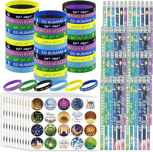 496 Pcs Eid Ramadan Mubarak Pencil Wristband Sticker Set Include 48 Pencil 48 Wristband 400 Sticker for Ramadan Mubarak Party Decorations Gifts for Kids(Classic) in Saudi Arabia