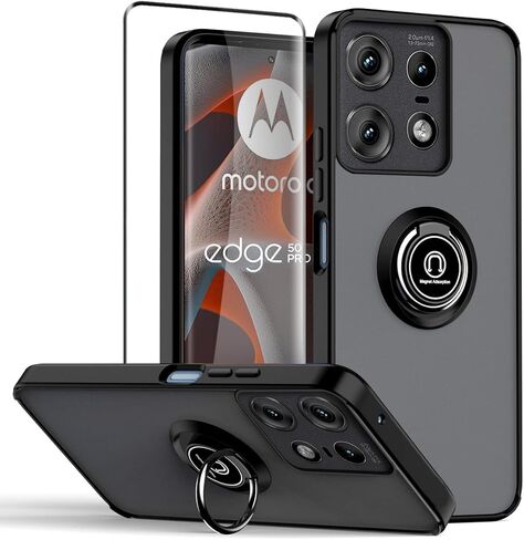 علبة Quietip متوافقة مع Motorola Edge 50 Pro 5g مع واقي الشاشة ، TPU + Hard PC Rockproof Ring Car Cover ، Black in Kuwait