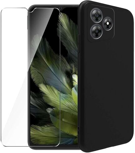 Case for Blackview Wave 8C + Glass Screen Protector Tempered Film - Transparent Silicone Soft Flexible Bumper Shockproof TPU Protective Cover Shell (Black) in Kuwait