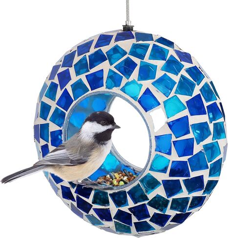 Sunnydaze 6-Inch Glass Mosaic Hanging Bird Feeder for Outdoors - Fly-Through Wild Bird Feeder - Confetti Mosaic in Kuwait