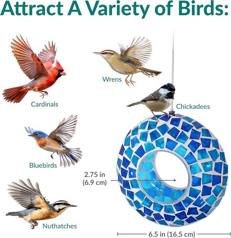 Sunnydaze 6-Inch Glass Mosaic Hanging Bird Feeder for Outdoors - Fly-Through Wild Bird Feeder - Confetti Mosaic in Kuwait