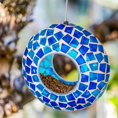 Sunnydaze 6-Inch Glass Mosaic Hanging Bird Feeder for Outdoors - Fly-Through Wild Bird Feeder - Confetti Mosaic in Kuwait