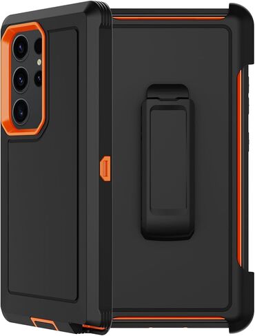 RubCase for Samsung Galaxy S23 Ultra Case with 2X Screen Protector, Dual Layer Bumper Cover with Belt Clip Holster & Kickstand, Full Body Heavy Duty Phone Case for Galaxy S23 Ultra 5G (Black/Orange) in Saudi Arabia