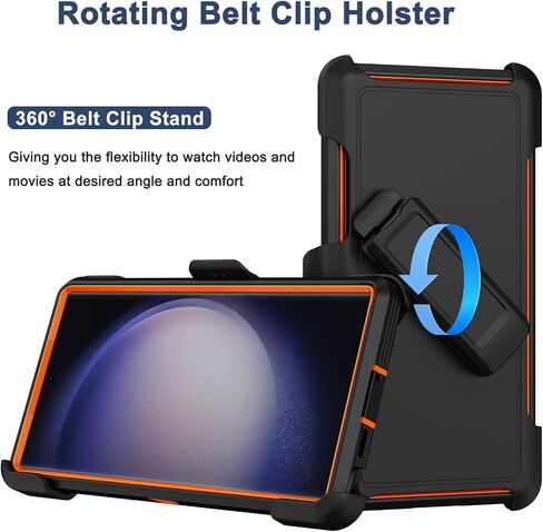 RubCase for Samsung Galaxy S23 Ultra Case with 2X Screen Protector, Dual Layer Bumper Cover with Belt Clip Holster & Kickstand, Full Body Heavy Duty Phone Case for Galaxy S23 Ultra 5G (Black/Orange) in Saudi Arabia
