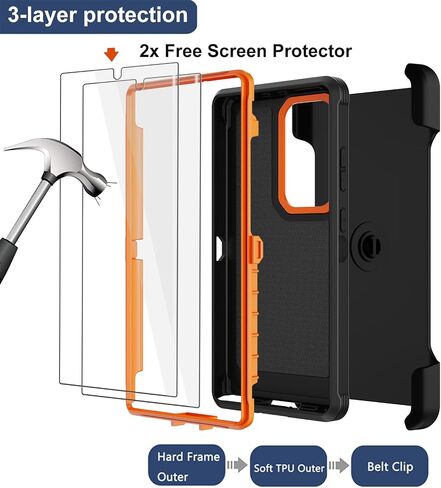 RubCase for Samsung Galaxy S23 Ultra Case with 2X Screen Protector, Dual Layer Bumper Cover with Belt Clip Holster & Kickstand, Full Body Heavy Duty Phone Case for Galaxy S23 Ultra 5G (Black/Orange) in Saudi Arabia