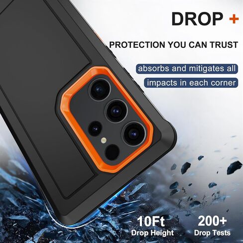 RubCase for Samsung Galaxy S23 Ultra Case with 2X Screen Protector, Dual Layer Bumper Cover with Belt Clip Holster & Kickstand, Full Body Heavy Duty Phone Case for Galaxy S23 Ultra 5G (Black/Orange) in Saudi Arabia
