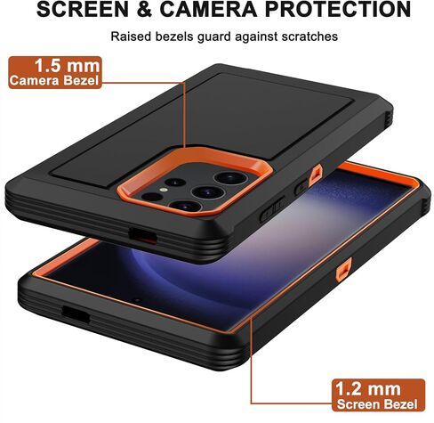 RubCase for Samsung Galaxy S23 Ultra Case with 2X Screen Protector, Dual Layer Bumper Cover with Belt Clip Holster & Kickstand, Full Body Heavy Duty Phone Case for Galaxy S23 Ultra 5G (Black/Orange) in Saudi Arabia