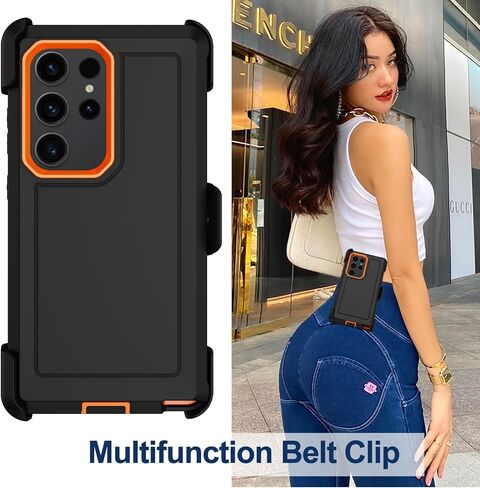 RubCase for Samsung Galaxy S23 Ultra Case with 2X Screen Protector, Dual Layer Bumper Cover with Belt Clip Holster & Kickstand, Full Body Heavy Duty Phone Case for Galaxy S23 Ultra 5G (Black/Orange) in Saudi Arabia