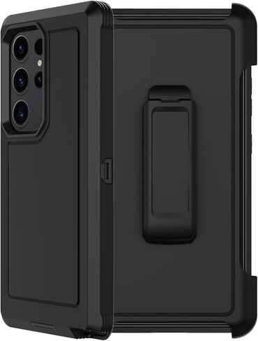 RubCase for Samsung Galaxy S23 Ultra Case with 2X Screen Protector, Dual Layer Bumper Cover with Belt Clip Holster & Kickstand, Full Body Heavy Duty Phone Case for Galaxy S23 Ultra 5G (Black/Orange) in Saudi Arabia
