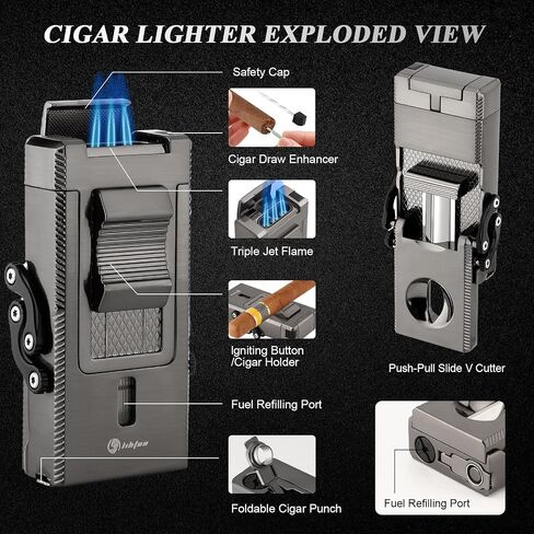 Cigar Lighter Multifunctional All-in-1 Torch Lighters Built-in Holder Cigar Draw Enhancer Cigar Punch Gift for Men Butane Lighters with Folding Cigar Cutter V-Cut in Kuwait
