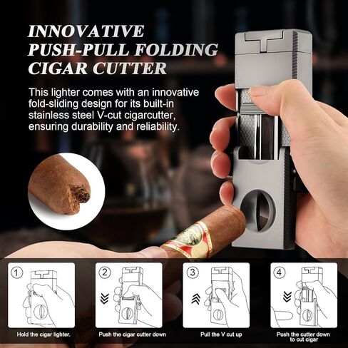 Cigar Lighter Multifunctional All-in-1 Torch Lighters Built-in Holder Cigar Draw Enhancer Cigar Punch Gift for Men Butane Lighters with Folding Cigar Cutter V-Cut in Kuwait