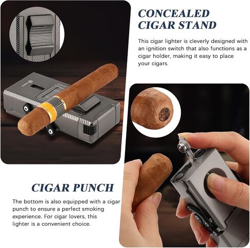 Cigar Lighter Multifunctional All-in-1 Torch Lighters Built-in Holder Cigar Draw Enhancer Cigar Punch Gift for Men Butane Lighters with Folding Cigar Cutter V-Cut in Kuwait