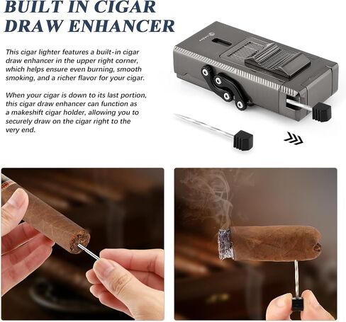 Cigar Lighter Multifunctional All-in-1 Torch Lighters Built-in Holder Cigar Draw Enhancer Cigar Punch Gift for Men Butane Lighters with Folding Cigar Cutter V-Cut in Kuwait