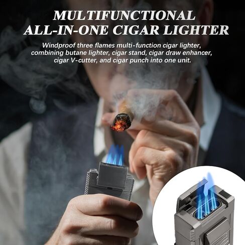Cigar Lighter Multifunctional All-in-1 Torch Lighters Built-in Holder Cigar Draw Enhancer Cigar Punch Gift for Men Butane Lighters with Folding Cigar Cutter V-Cut in Kuwait