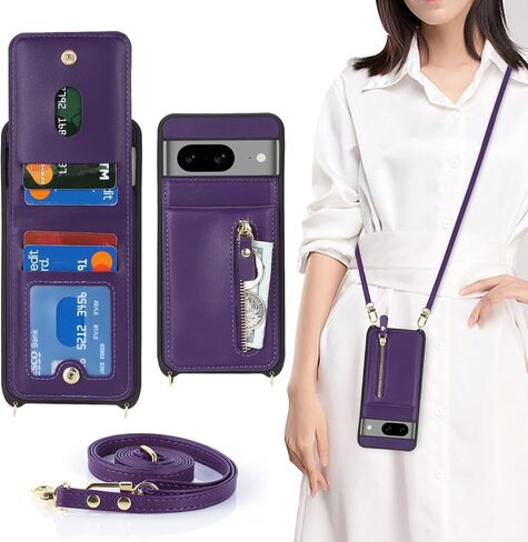 Jaorty Compatible with Google Pixel 8 Case for Women with Card Holder 6.2",Pixel 8 Phone Case with Strap,Crossbody Lanyard Cases with Credit Card Slots with Stand,Dark Purple in Saudi Arabia
