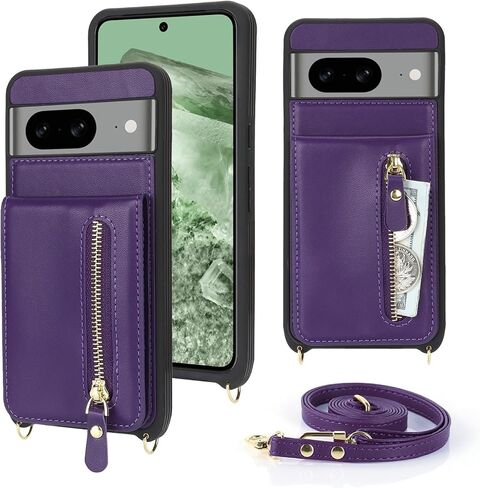 Jaorty Compatible with Google Pixel 8 Case for Women with Card Holder 6.2",Pixel 8 Phone Case with Strap,Crossbody Lanyard Cases with Credit Card Slots with Stand,Dark Purple in Saudi Arabia