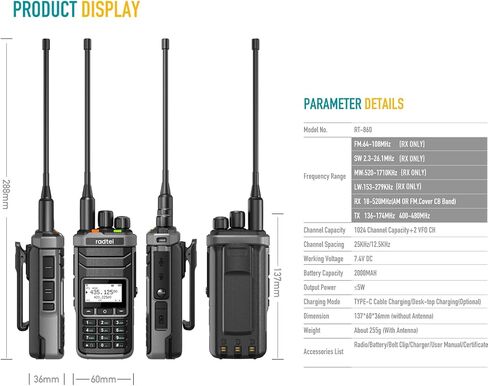 Radtel RT-860 Multi Band Ham Radio HF UHF VHF Dual Band with AM USB LSB CW CB LW MW SW SSB Reception, 1024 Channels, 2000mAh Battery, Type-C Charging (with SW/MW Antennas) in Saudi Arabia