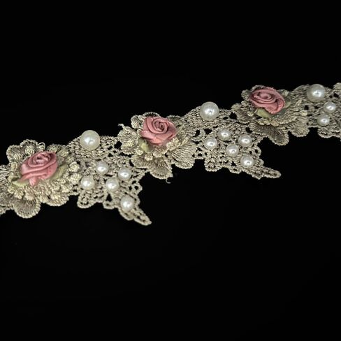 2 Yard Vintage White Pearl Beads Rose Flowers Embroidered Lace Edge Trim Fabric Floral Appliques Lace Ribbon Bridal Handmade Sewing Craft for Wedding Bridal Dress Clothes Hat Decoration (White) in Kuwait