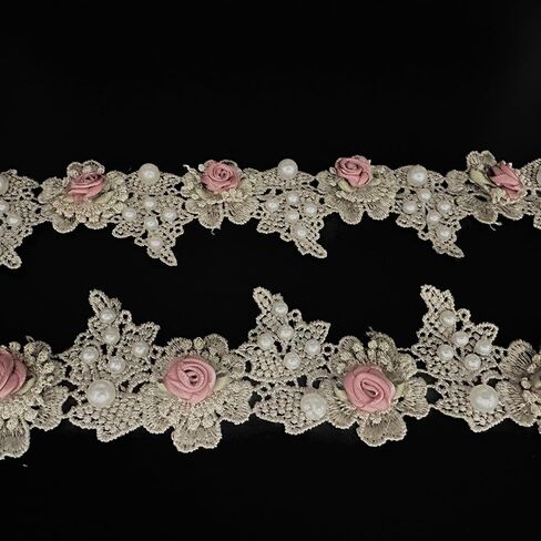 2 Yard Vintage White Pearl Beads Rose Flowers Embroidered Lace Edge Trim Fabric Floral Appliques Lace Ribbon Bridal Handmade Sewing Craft for Wedding Bridal Dress Clothes Hat Decoration (White) in Kuwait