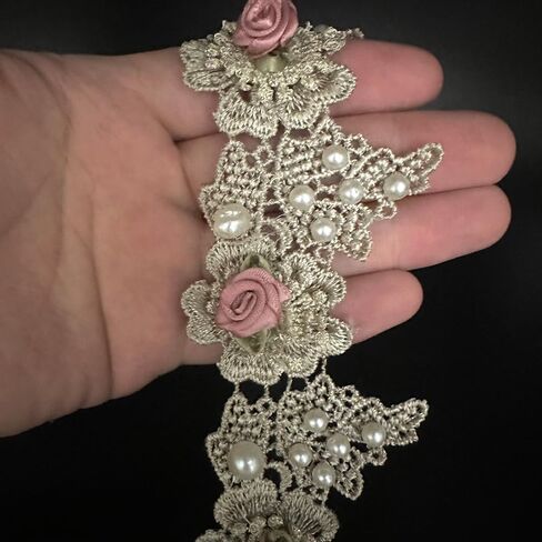 2 Yard Vintage White Pearl Beads Rose Flowers Embroidered Lace Edge Trim Fabric Floral Appliques Lace Ribbon Bridal Handmade Sewing Craft for Wedding Bridal Dress Clothes Hat Decoration (White) in Kuwait
