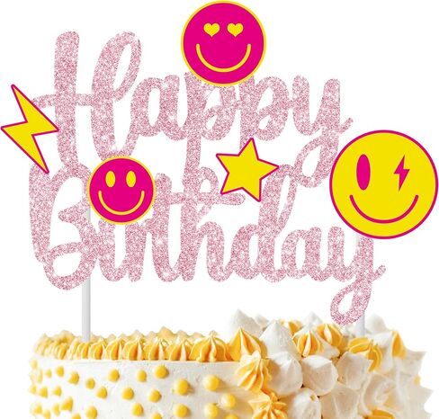 Preppy Smile Face Party Cake Topper Preppy Birthday Party Decoration Rose Red Smile Face Happy Birthday Cake Pick Decoration for Girls Preppy Themed Birthday Bachelorette Party Supplies in Saudi Arabia
