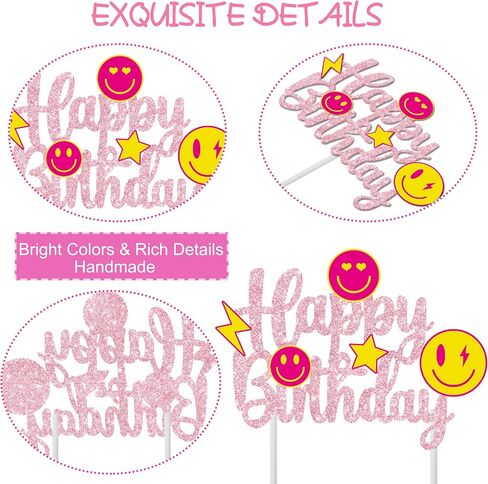 Preppy Smile Face Party Cake Topper Preppy Birthday Party Decoration Rose Red Smile Face Happy Birthday Cake Pick Decoration for Girls Preppy Themed Birthday Bachelorette Party Supplies in Saudi Arabia