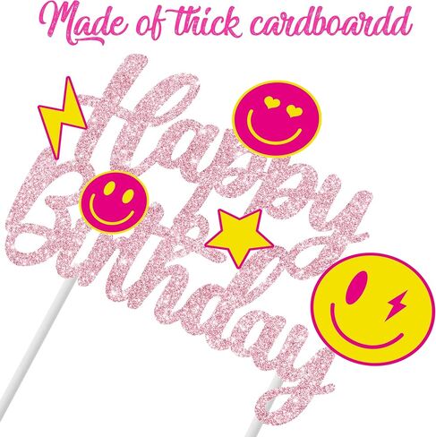 Preppy Smile Face Party Cake Topper Preppy Birthday Party Decoration Rose Red Smile Face Happy Birthday Cake Pick Decoration for Girls Preppy Themed Birthday Bachelorette Party Supplies in Saudi Arabia