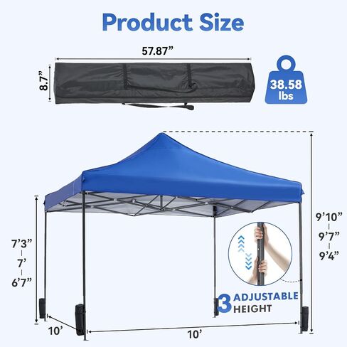 10x10ft Pop-Up Canopy Tent – Quick Setup Outdoor Shelter – Waterproof Sun Shade for Parties, Camping, Beach & Patio – Steel Frame Adjustable 3 Height, with 4 Sand Bags (Blue) in Saudi Arabia