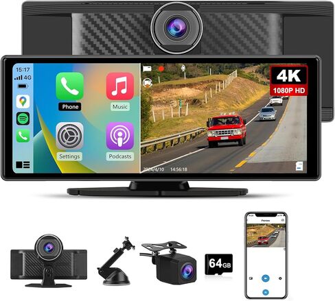 10.26" Carplay Screen Portable for Car, Wireless Carplay & Android Auto Car Stereo, Touchscreen GPS Navigation 4K Dash Cam/1080P Backup Camera/Mirror Link/Bluetooth/Voice Control in Kuwait