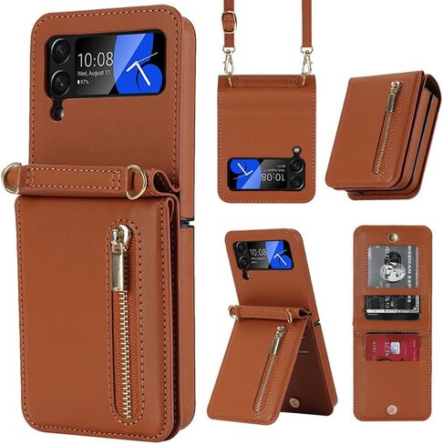 Pu Leather Case for Samsung Galaxy Z Flip 4,Zipper Case,Multifunctional Kickstand, Card Holder,Adjustable Shoulder Strap Flip Case Cover for Samsung Galaxy Z Flip 4 (Brown) in Saudi Arabia